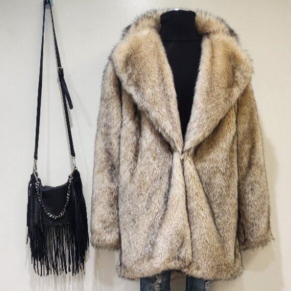 💋BOHO CLAM💋VTG 70s Vibe Lux Chunky Vegan Topped Fox Fur Coat in Beige & Black - Picture 9 of 16